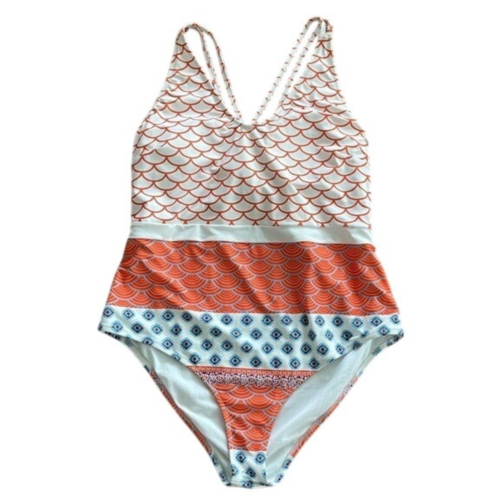 Orange & White Scalloped One-Piece Swimsuit‎ XL